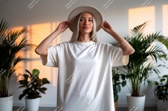 Woman wearing white t shirt and hat image Product Image 1