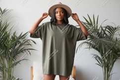 Woman wearing olive green t shirt and hat image Product Image 1
