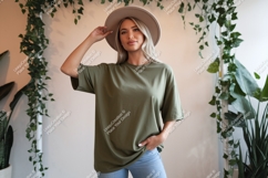 Woman wearing olive green t shirt and hat image Product Image 1