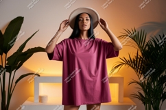 Woman wearing oversized pink t-shirt and hat fashion Product Image 1