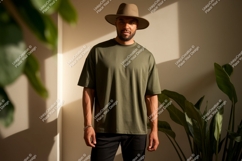 Man wearing olive green t shirt and hat image Product Image 1