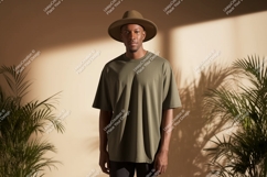 Man wearing olive green t shirt and hat image Product Image 1