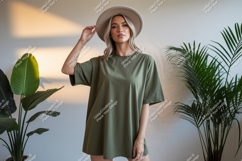 Woman wearing olive green t shirt and hat Product Image 1