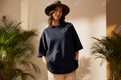 Woman wearing dark blue t shirt and hat image Product Image 1