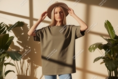 Woman wearing olive green t-shirt and hat Product Image 1