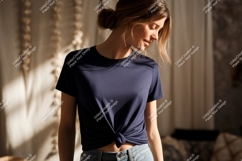 Woman wearing navy blue t shirt image Product Image 1