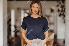 Woman wearing navy blue t shirt mockup image Product Image 1