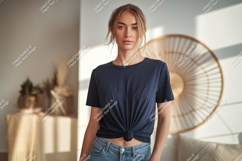 Woman wearing navy t shirt and jeans image Product Image 1