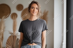 Woman wearing dark grey t shirt mockup Product Image 1