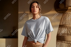 Woman wearing grey t shirt Mockup t-shirt Product Image 1