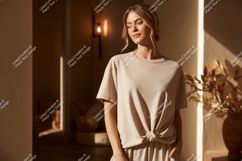Woman wearing beige t shirt mockup image Product Image 1