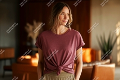 Woman wearing maroon t shirt tied at waist Product Image 1