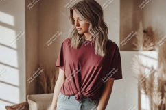 Woman wearing maroon t shirt and denim jeans image Product Image 1