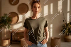 Woman wearing olive green t shirt mockup image Product Image 1