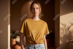 Woman wearing mustard t shirt and denim jeans image Product Image 1
