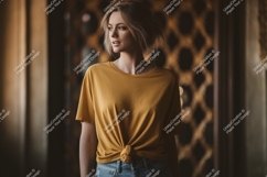 Blonde woman wearing mustard t shirt Product Image 1