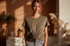 Woman wearing olive green t shirt image Product Image 1