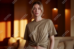 Woman wearing a taupe t shirt mockup Product Image 1