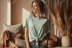 Woman wearing mint green t shirt mockup image Product Image 1