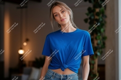 Woman wearing blue t shirt and jeans t-shirt casual Product Image 1