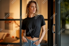 Woman wearing black t shirt and jeans t-shirt casual Product Image 1
