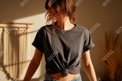 Woman wearing dark grey t-shirt tied at waist Product Image 1