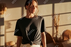 Woman wearing dark grey t shirt mockup Product Image 1