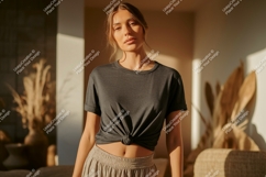 Woman wearing dark grey t shirt mockup image Product Image 1