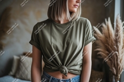 Woman wearing olive green t shirt tied at waist image Product Image 1