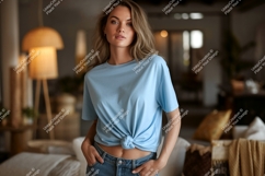 Woman wearing light blue t shirt and jeans t-shirt Product Image 1