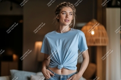 Woman wearing blue t shirt and jeans image Product Image 1
