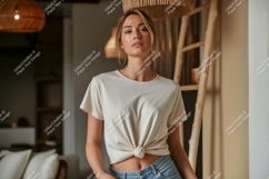 Woman wearing cream t-shirt mockup casual Product Image 1