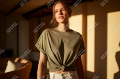 Woman wearing olive green t shirt image Product Image 1