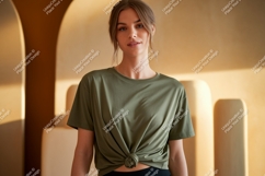 Woman wearing olive green t shirt mockup image Product Image 1