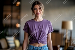 Woman wearing purple t shirt and jeans image Product Image 1