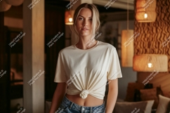 Woman wearing cream t shirt and denim jeans image Product Image 1