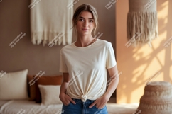 Woman wearing cream t shirt and jeans image Product Image 1