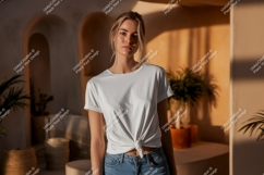 Woman wearing white t shirt and jeans image Product Image 1