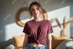 Woman wearing maroon t shirt mockup image Product Image 1