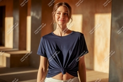 Woman wearing navy blue t shirt mockup image Product Image 1