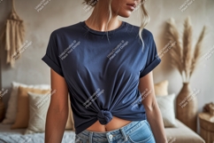Woman wearing navy blue t shirt mockup t-shirt Product Image 1