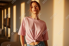 Woman wearing pink t shirt and jeans t-shirt mockup Product Image 1