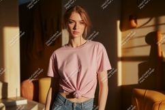 Woman wearing pink t shirt and jeans image Product Image 1