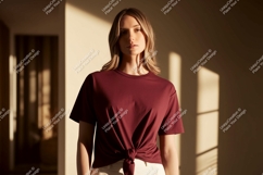 Woman wearing maroon t shirt mockup image Product Image 1