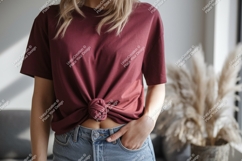 Maroon t shirt knot tied denim jeans image Product Image 1