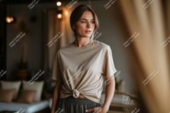 Woman wearing beige t shirt mockup image Product Image 1