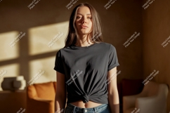 Woman wearing dark grey t shirt mockup Product Image 1