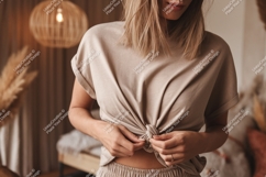 Woman tying knot on beige t shirt image Product Image 1