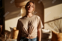 Woman wearing beige t shirt t-shirt mockup Product Image 1