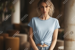 Woman wearing light blue t shirt mockup t-shirt casual Product Image 1